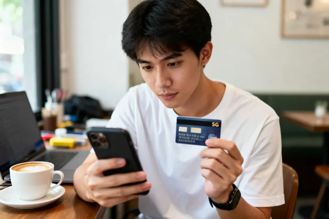 Homme en t-shirt blanc utilisant smartphone, tenant carte bancaire, ordinateur portable et café sur la table.