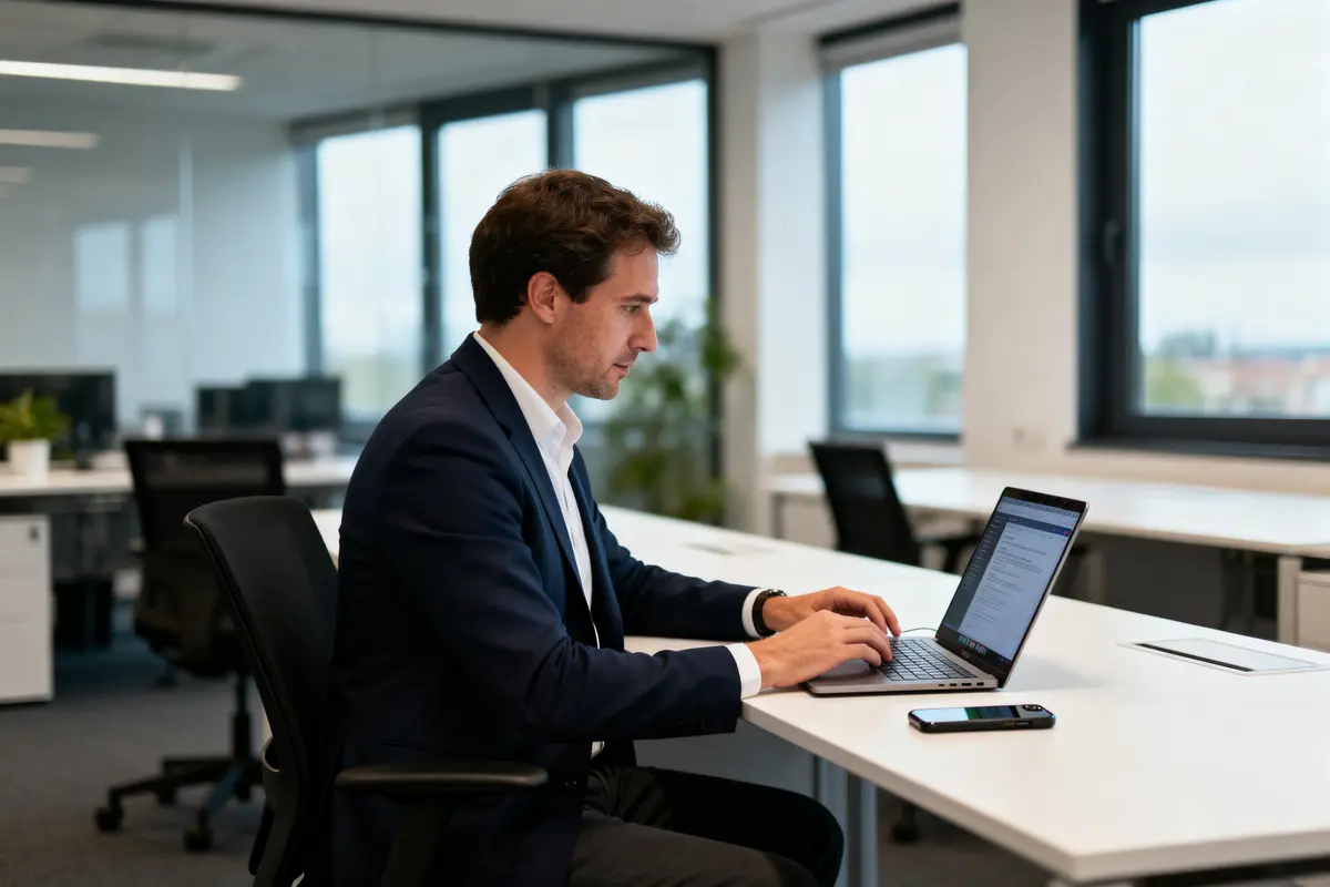 Un homme en costume utilise un ordinateur portable dans un bureau moderne avec des fenêtres.