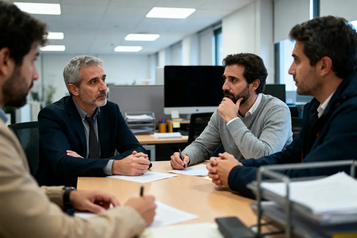 Quatre hommes en réunion autour d'une table de bureau, discutant sérieusement avec documents et stylos.