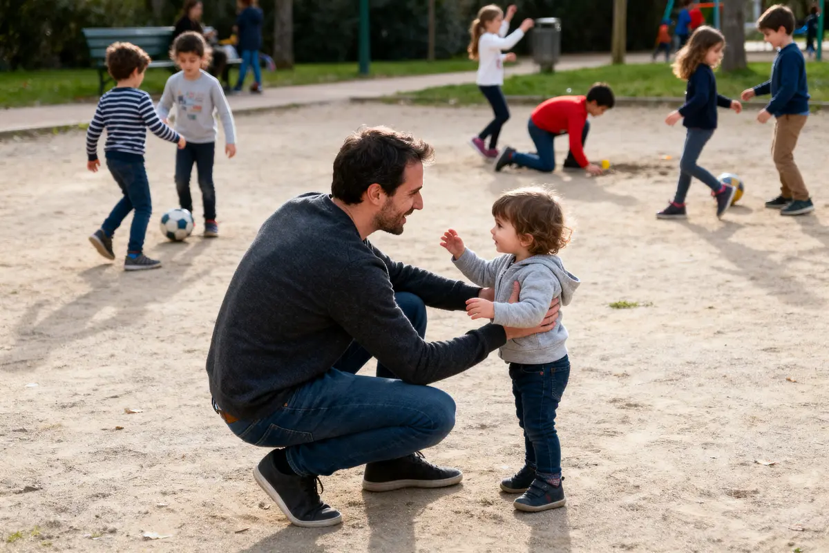 Un homme accroupi souriant devant un enfant, avec des enfants jouant en arrière-plan dans un parc.