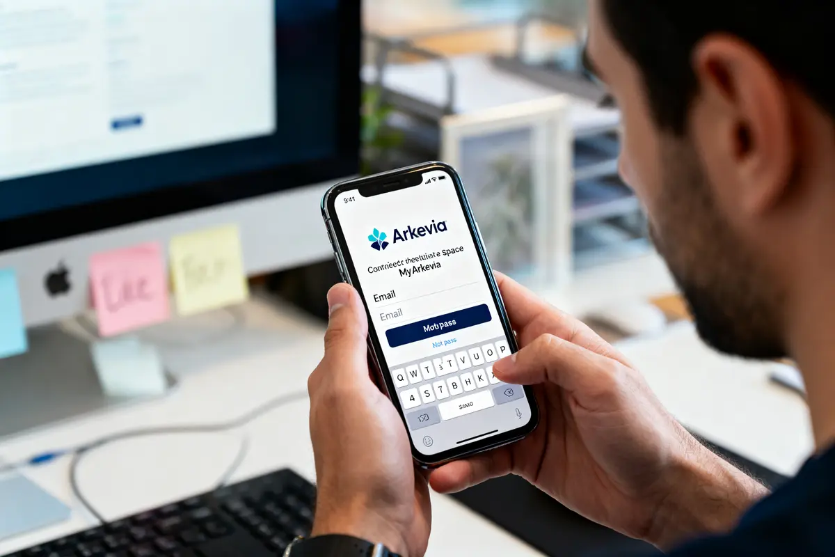 Homme utilisant une application Arkevia sur smartphone, bureau en arrière-plan avec ordinateur et notes autocollantes.