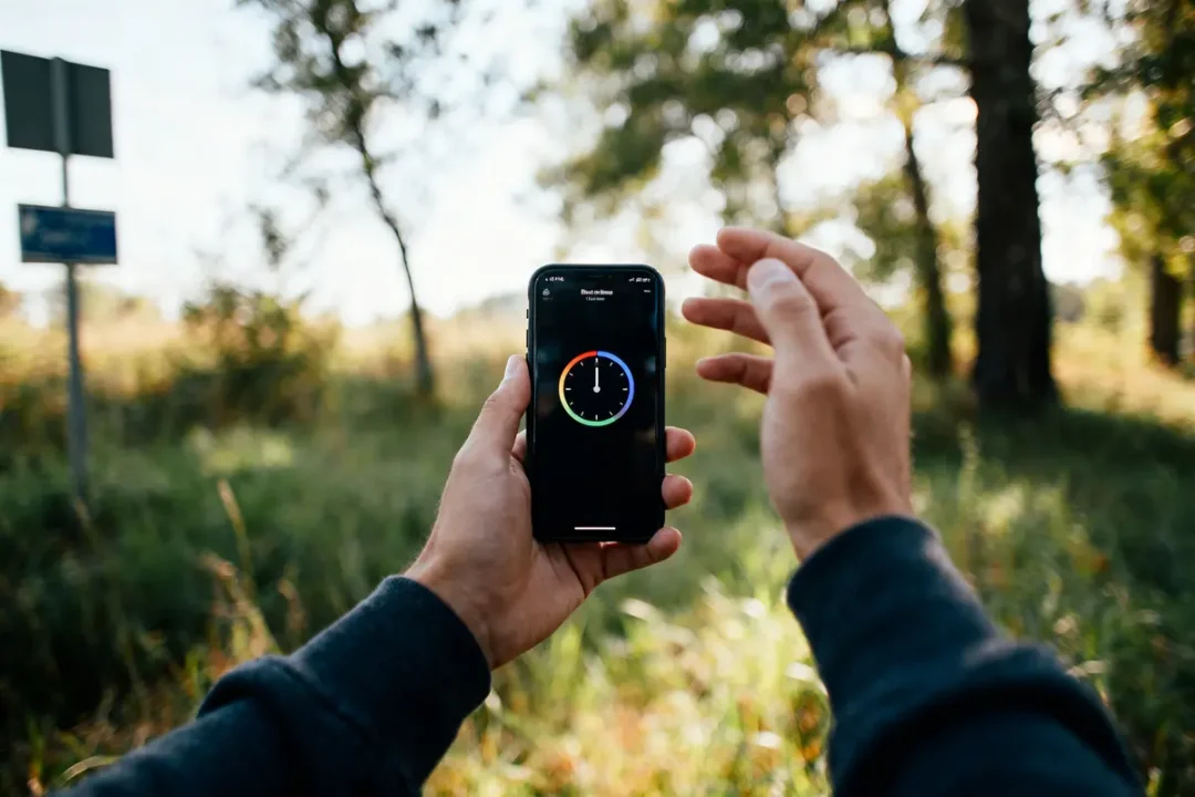 Une personne tient un téléphone affichant un chronomètre coloré, en extérieur, entourée de végétation floue.