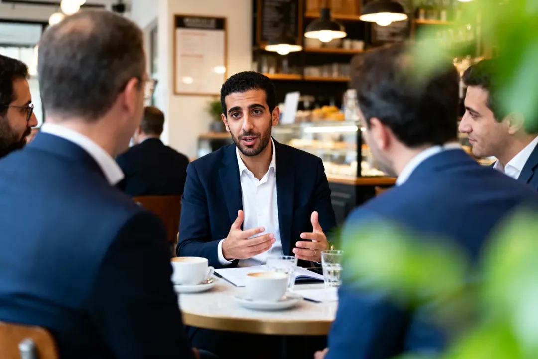 Cinq hommes en réunion dans un café, discutant autour d'une table avec café et documents.