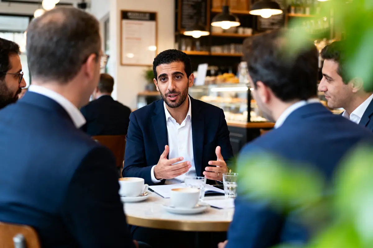 Cinq hommes en réunion dans un café, discutant autour d'une table avec café et documents.
