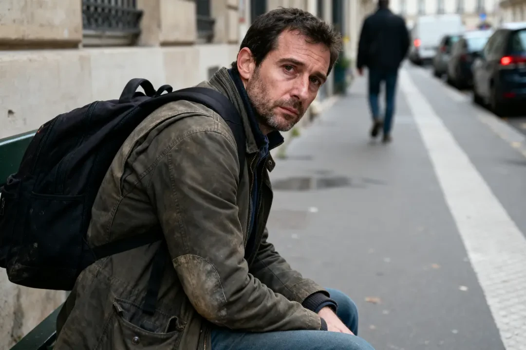 Homme assis sur un banc en ville, portant un sac à dos, regarde pensivement la caméra.