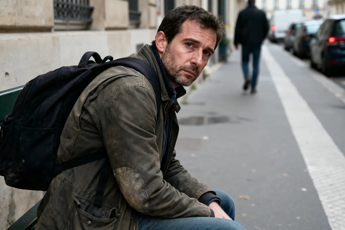 Homme assis sur un banc en ville, portant un sac à dos, regarde pensivement la caméra.