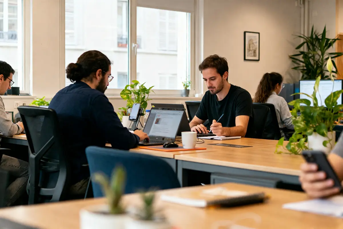 Personnes travaillant sur ordinateurs dans un bureau moderne, plantes sur les bureaux, ambiance de concentration.