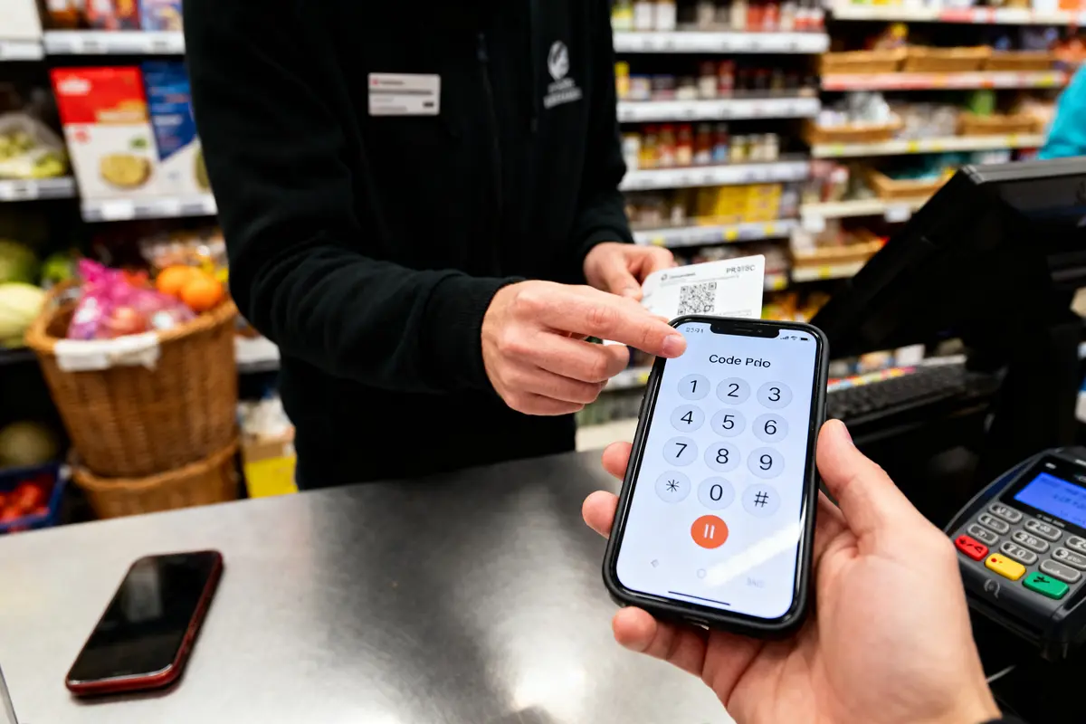 Client entre un code sur téléphone pour paiement en caisse de supermarché, produits en arrière-plan.