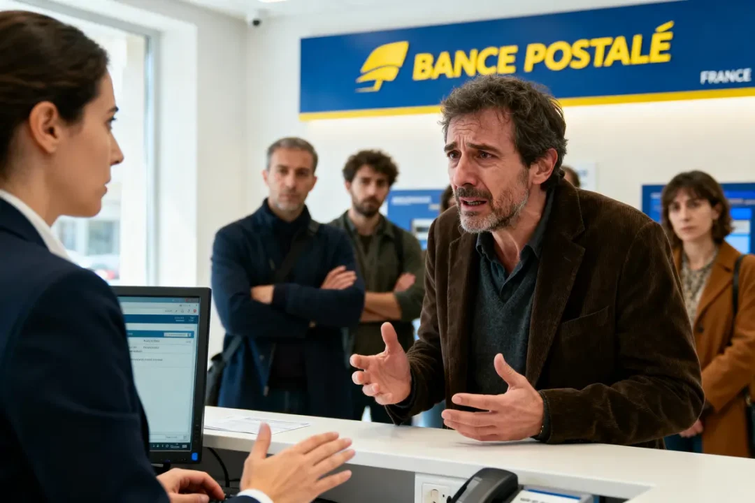 Homme discutant avec employée derrière un comptoir de banque postale, trois personnes en arrière-plan.