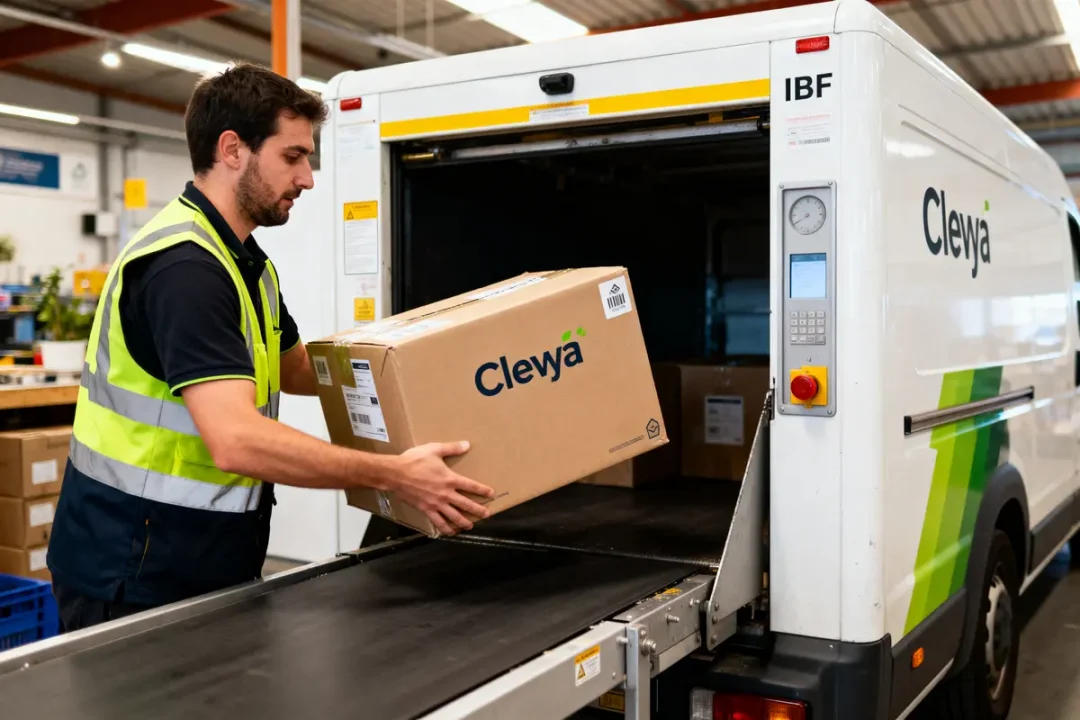Homme chargeant un carton marqué "Cleya" dans une camionnette blanche dans un entrepôt.