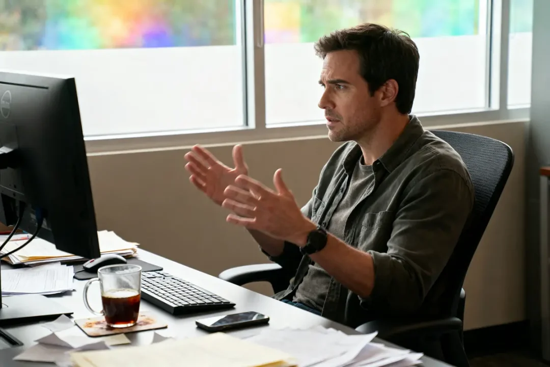 Homme discutant vivement devant un ordinateur, avec documents et tasse de café sur le bureau.