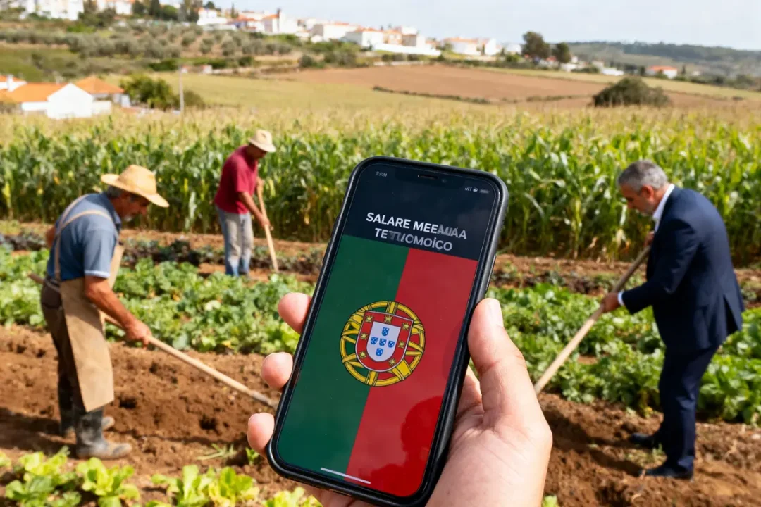 Personne tenant un téléphone avec drapeau portugais, fermiers travaillant dans un champ en arrière-plan.