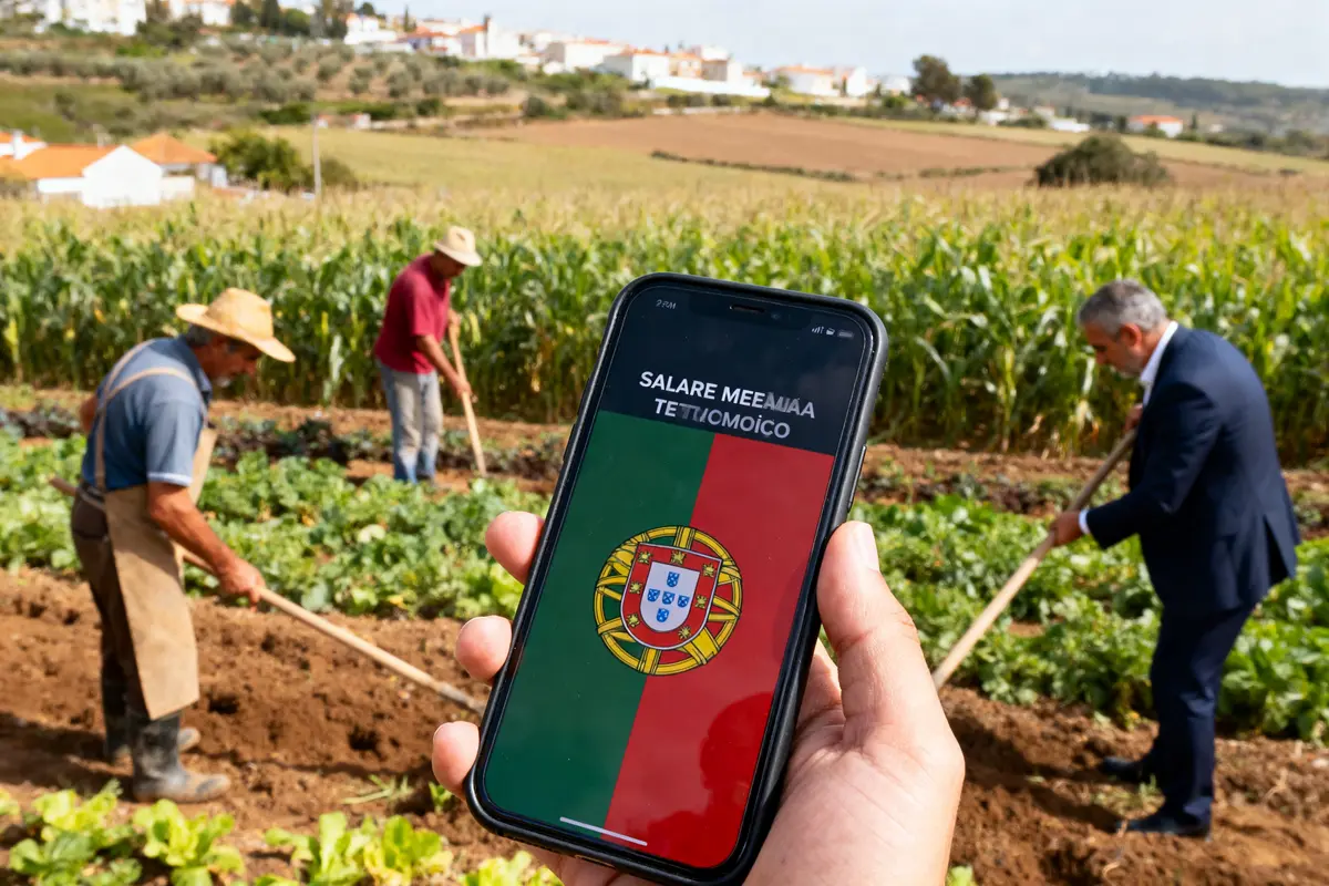 Personne tenant un téléphone avec drapeau portugais, fermiers travaillant dans un champ en arrière-plan.
