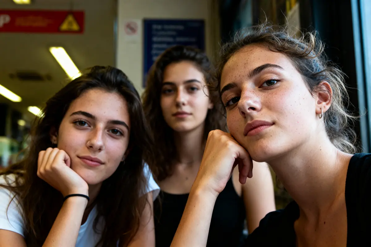 Trois jeunes femmes posent ensemble, les visages détendus, dans un environnement intérieur lumineux.