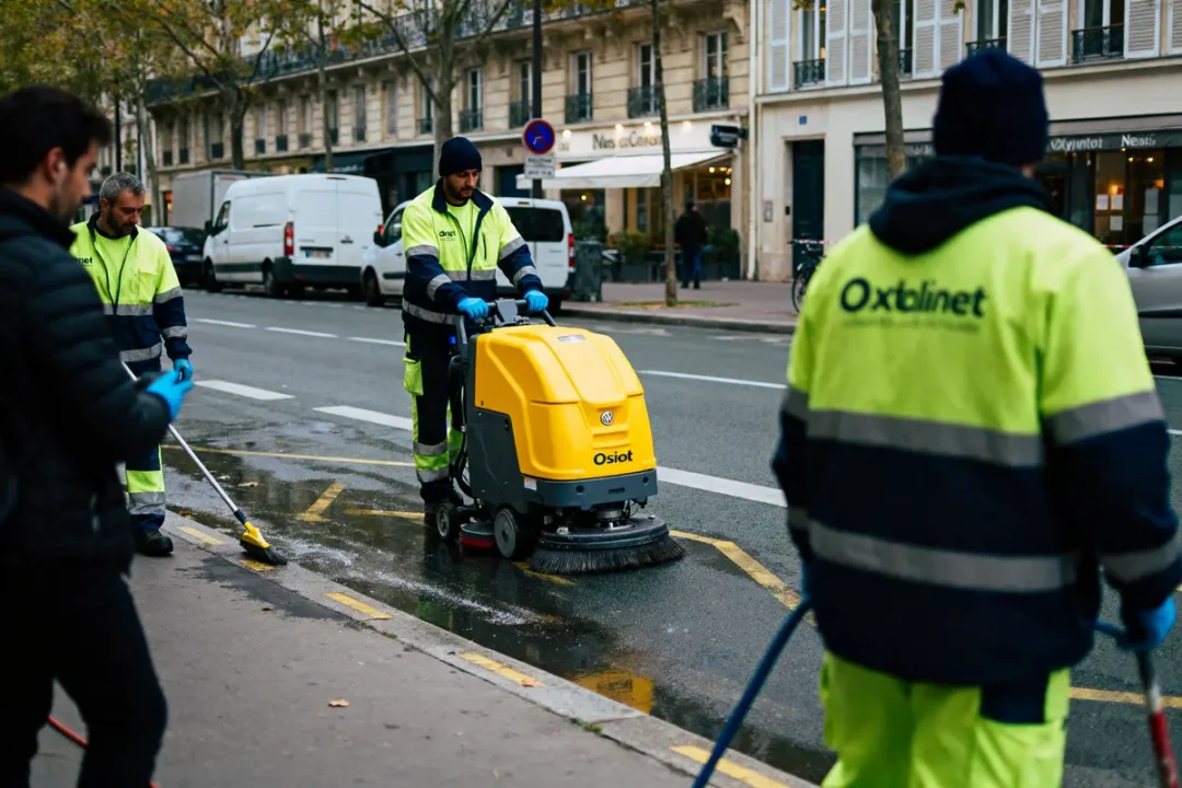 Agents de nettoyage en tenue fluorescente nettoyant le trottoir avec une machine jaune et des balais. Rue animée.