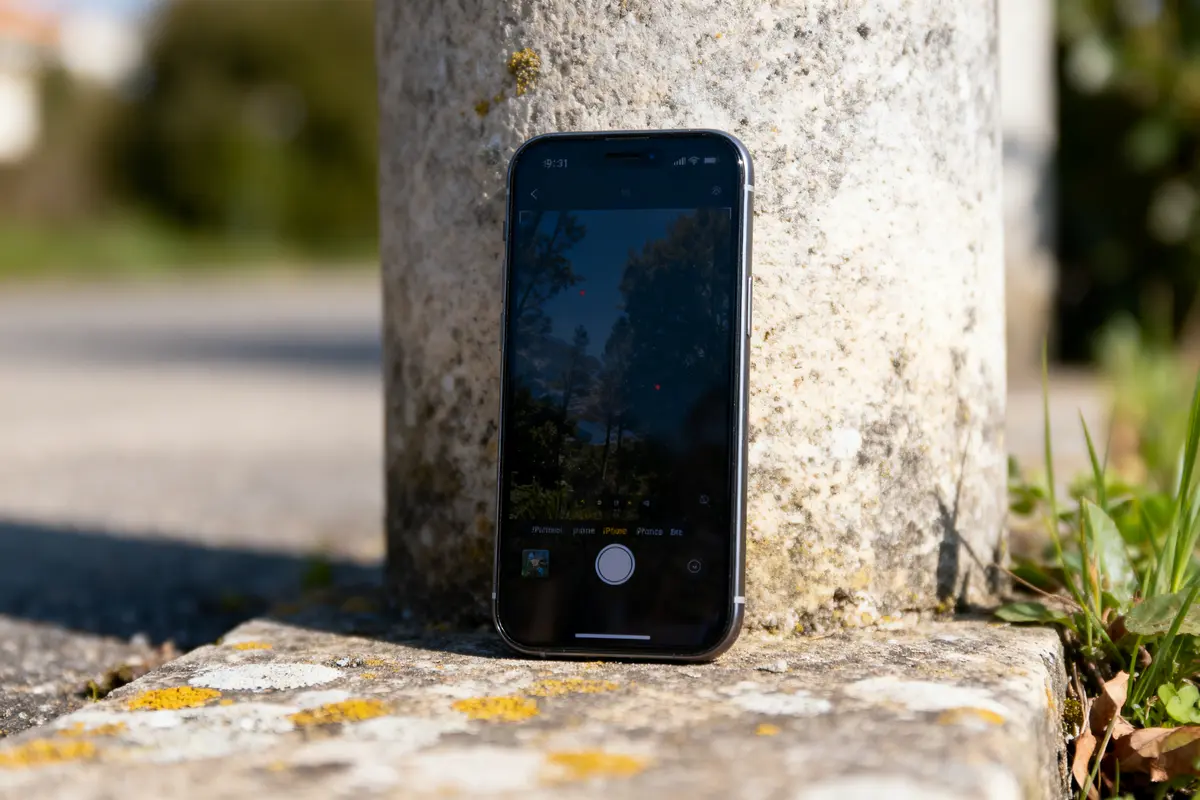 Smartphone appuyé contre un poteau rugueux en pierre, près d'une route en arrière-plan flou.