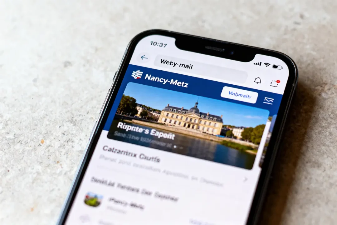 Smartphone affichant l'application "Nancy-Metz" avec une photo d'un bâtiment historique et un menu visible.