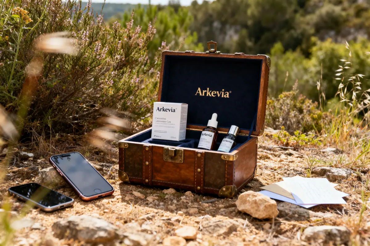 Coffret Arkevia sur sol rocailleux, contenant produits cosmétiques, entouré de téléphone, lettres et végétation.