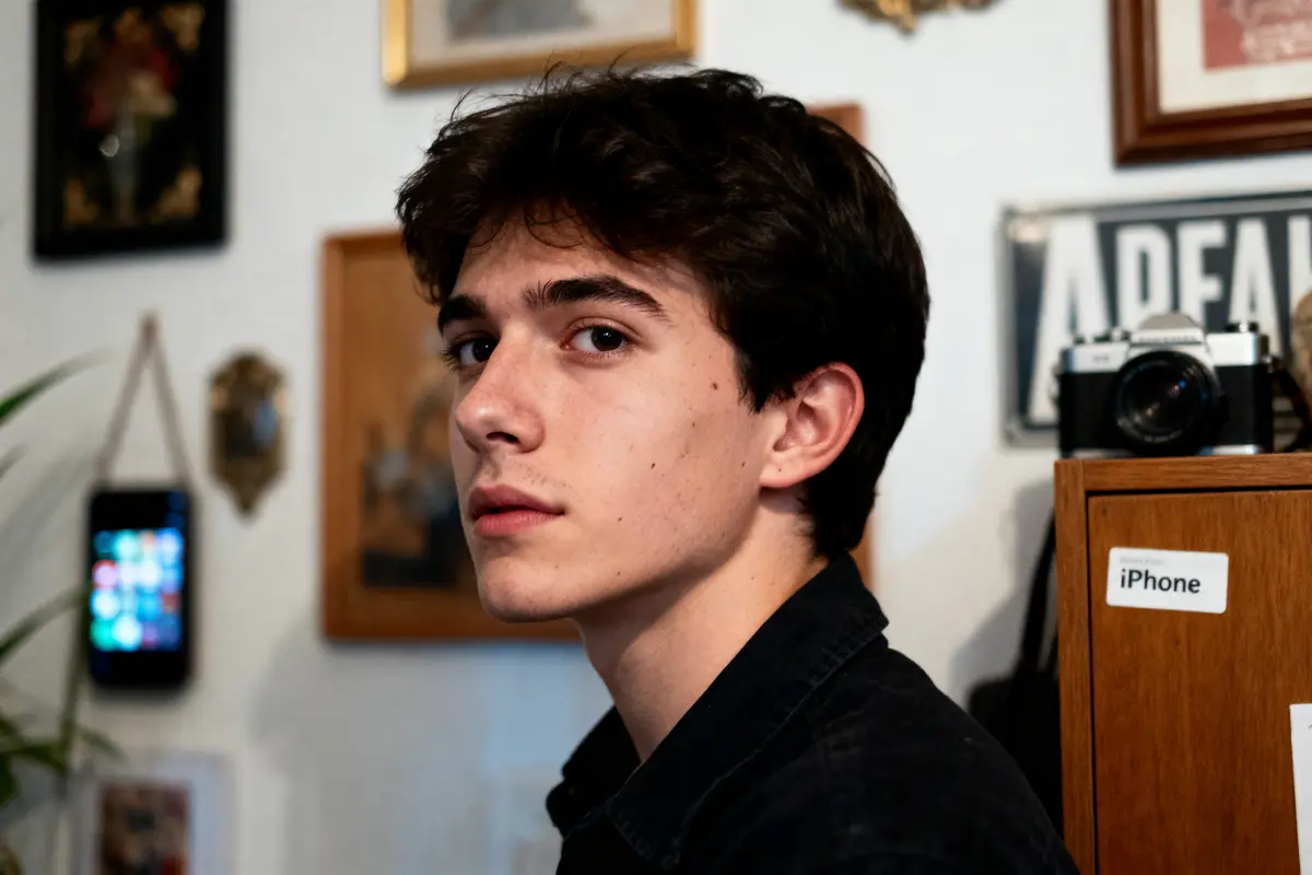 Jeune homme avec cheveux bruns, de profil, décor mural avec cadres et appareil photo en arrière-plan.