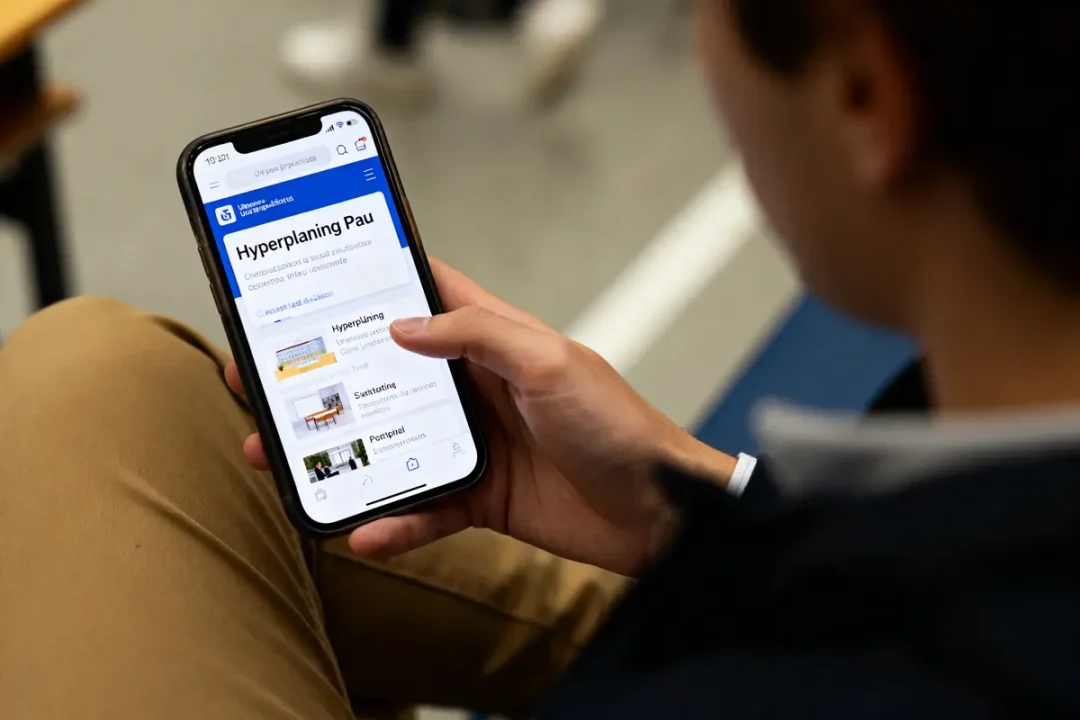Personne utilisant un smartphone pour naviguer sur le site "Hyperplanning Pau", interface d'organisation scolaire ou universitaire.