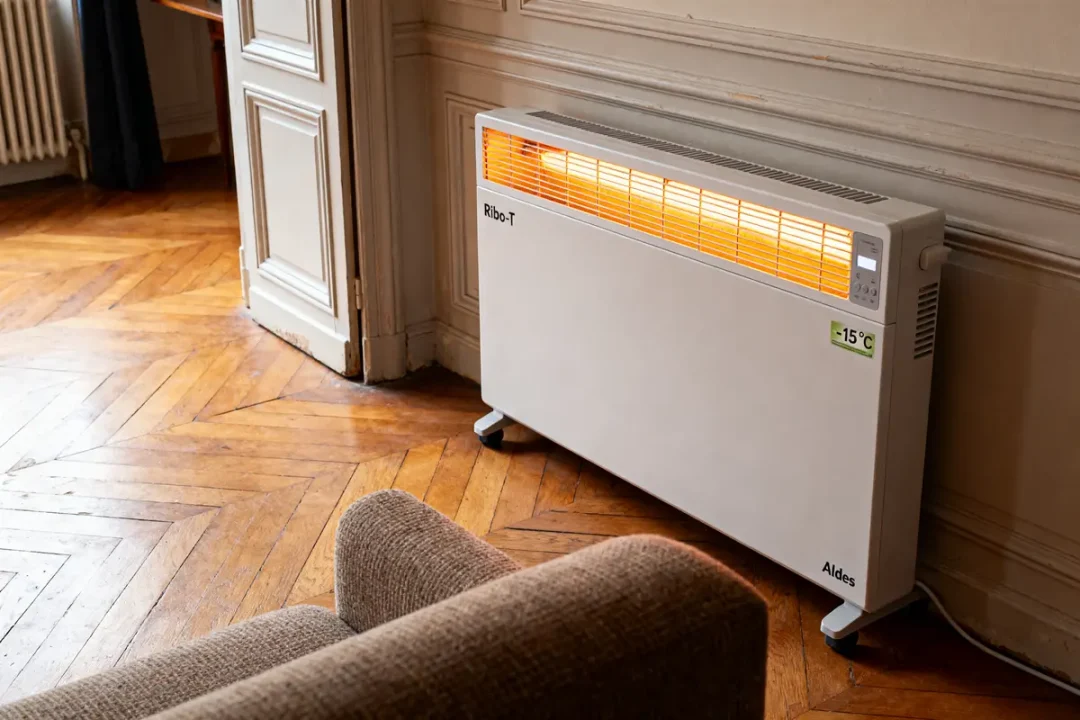 Radiateur électrique blanc Aldes, sur parquet en bois, émettant une lueur orange dans un intérieur.