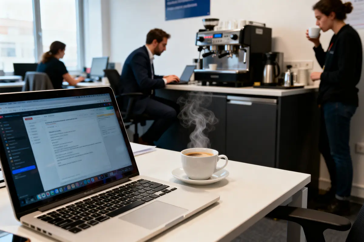 Bureau avec ordinateur portable, tasse de café fumante, et personnes travaillant près d'une machine à café.