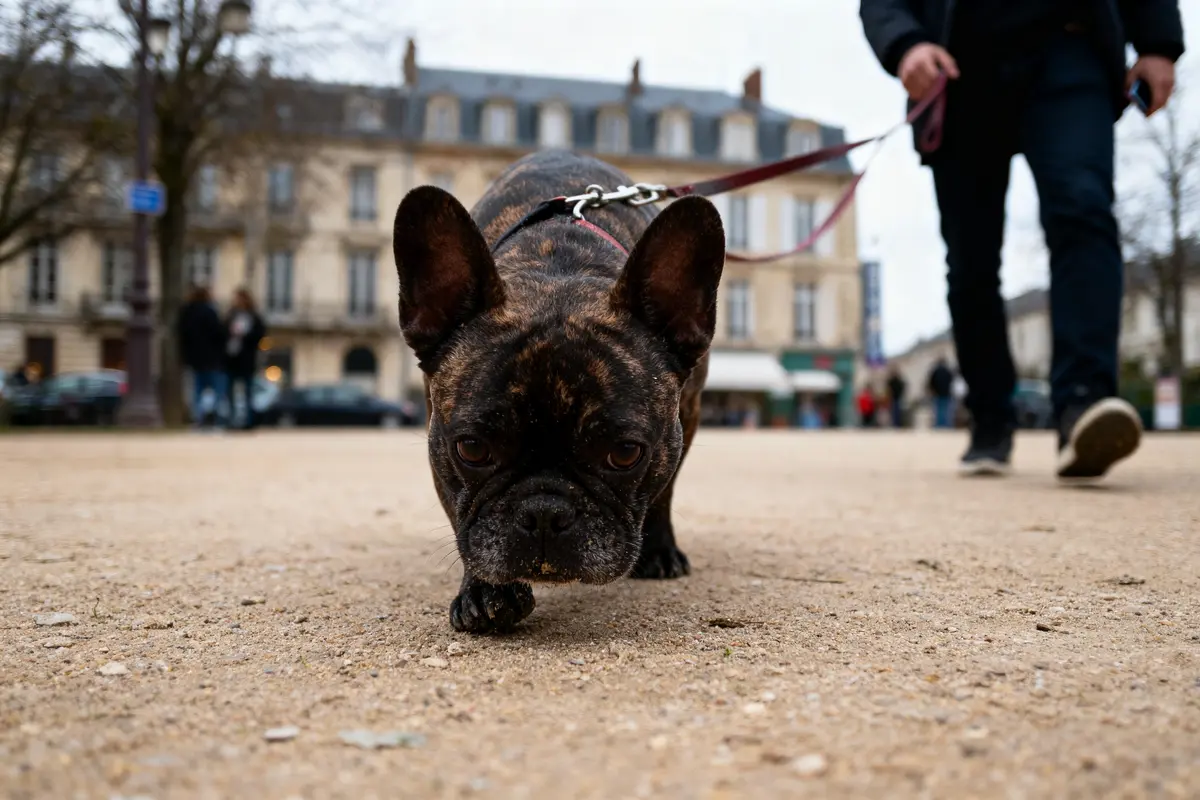 Chien bulldog en laisse, marchant sur un trottoir en ville, accompagné d'une personne en arrière-plan flou.