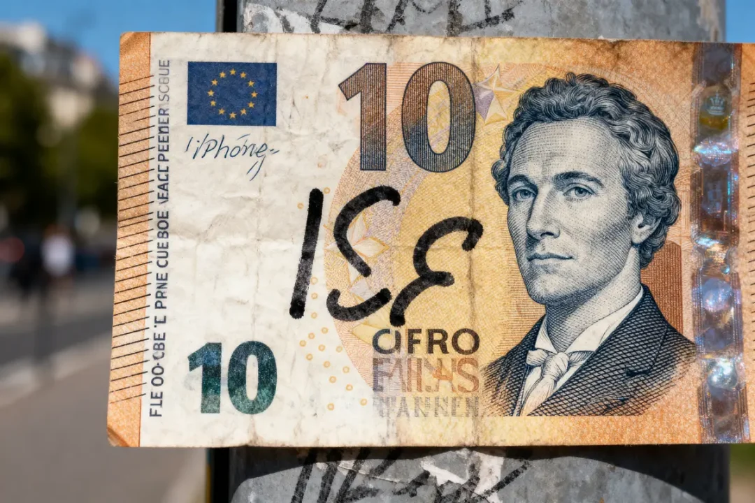 Billet de 10 euros modifié par des inscriptions manuscrites "iPhone" et "ISF".