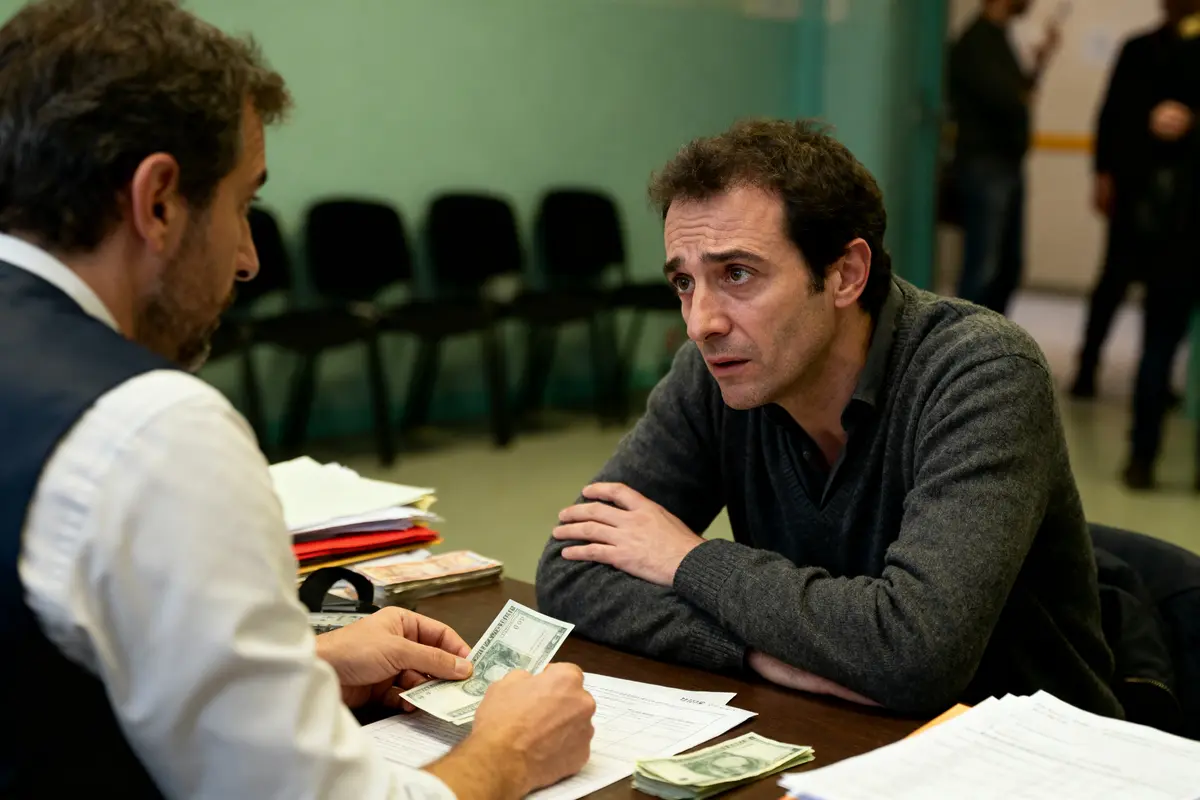 Deux hommes discutent à une table avec des papiers et de l'argent. Atmosphère sérieuse.