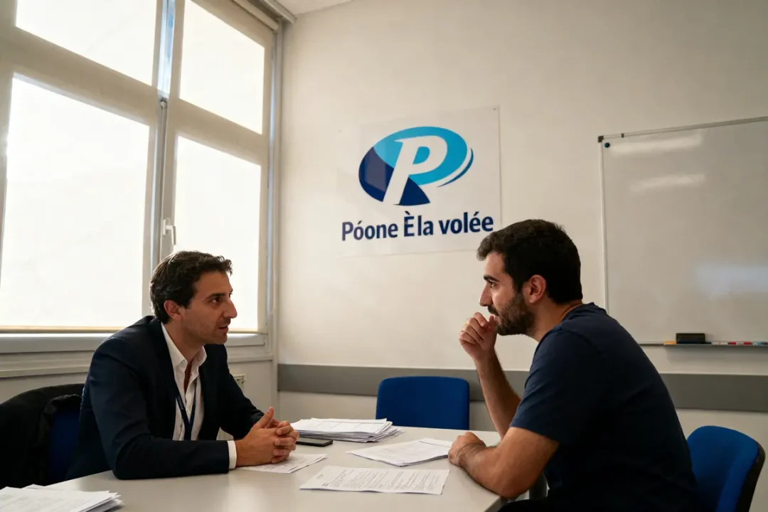 Deux hommes discutent dans un bureau, affichant "Póone Èla volée" au mur.