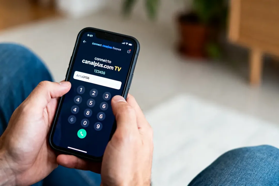 Un homme tient un smartphone affichant l'application Canal Plus TV connectée.