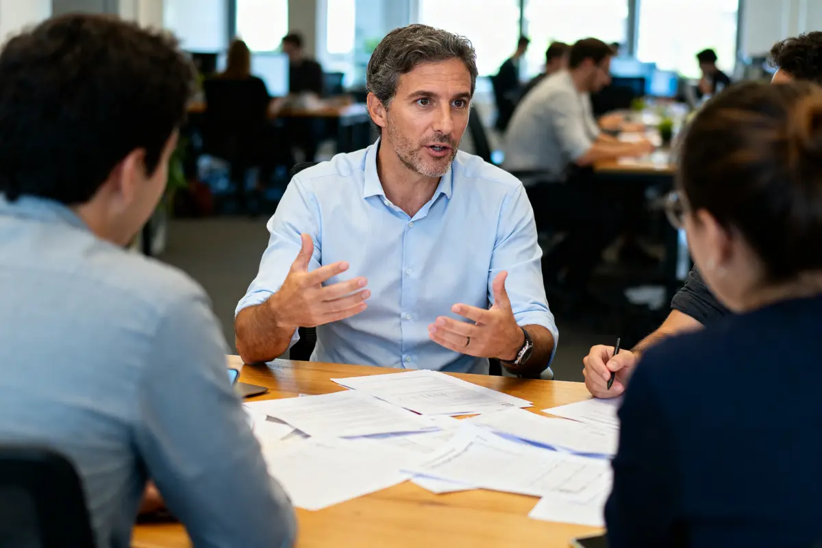 Homme en chemise bleue discutant avec trois collègues autour d'une table, documents disséminés, en bureau partagé.