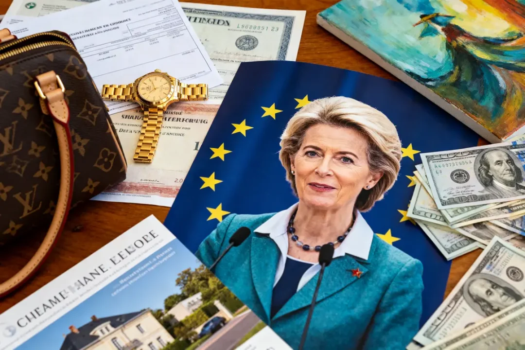 Sac à main, montre en or, billets dollars, documents, tableau abstrait, et photo femme sur fond drapeau européen.