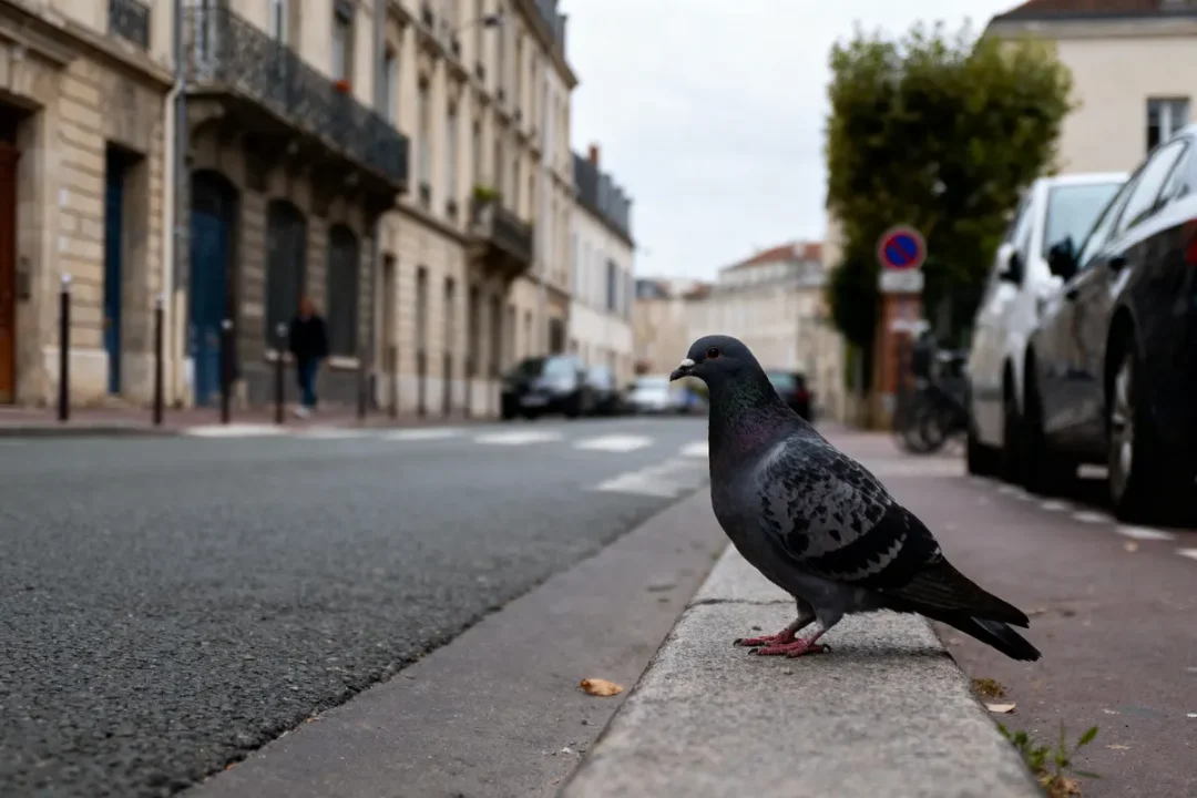 Un pigeon posé sur un trottoir, rue bordée de bâtiments anciens.