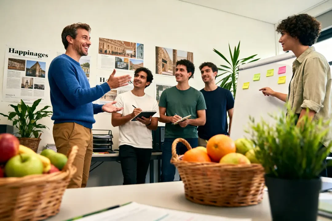 Un groupe de personnes discutant, prenant des notes, avec tableau blanc et paniers de fruits en avant-plan.