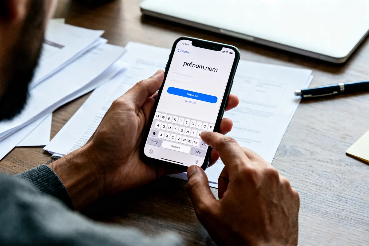 Personne tenant un smartphone, écran affichant saisie de texte devant documents sur bureau.