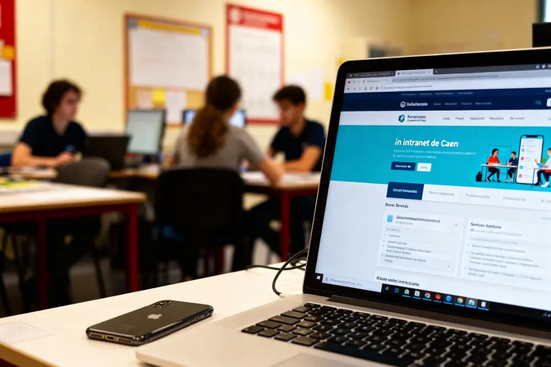 Ordinateur portable avec intranet affiché, iPhone à côté. Personnes travaillant en arrière-plan dans une salle.