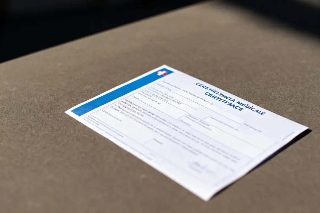 Certificat médical avec bande bleue, posé sur une table beige, texte en français visible.