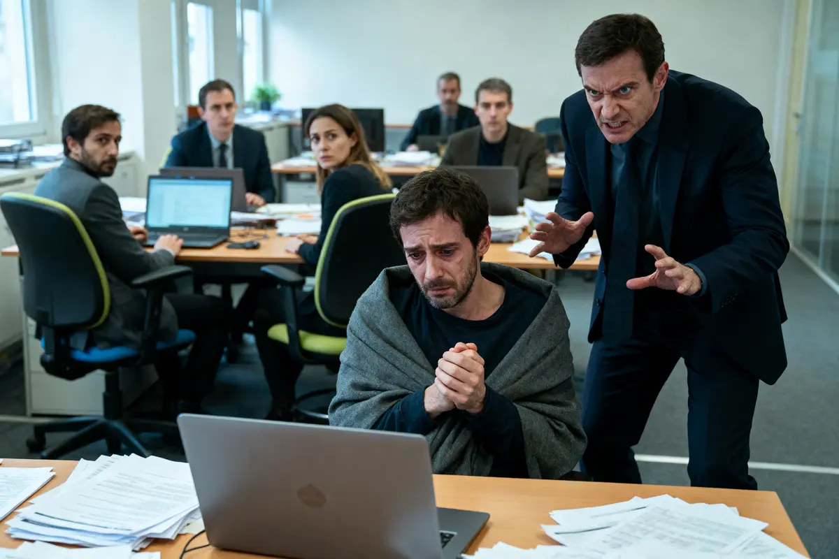 Homme stressé devant ordinateur, couvert par une couverture ; collègues observent, chef en colère dans un bureau.