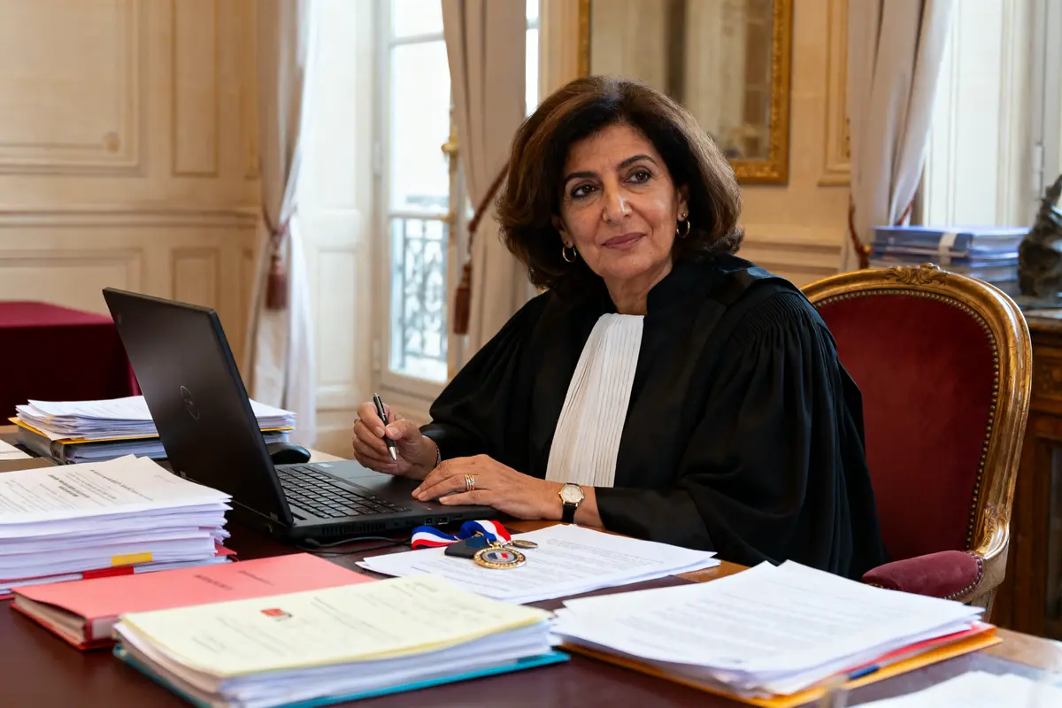 Femme en robe de magistrat, assise à un bureau, entourée de dossiers, utilisant un ordinateur portable.