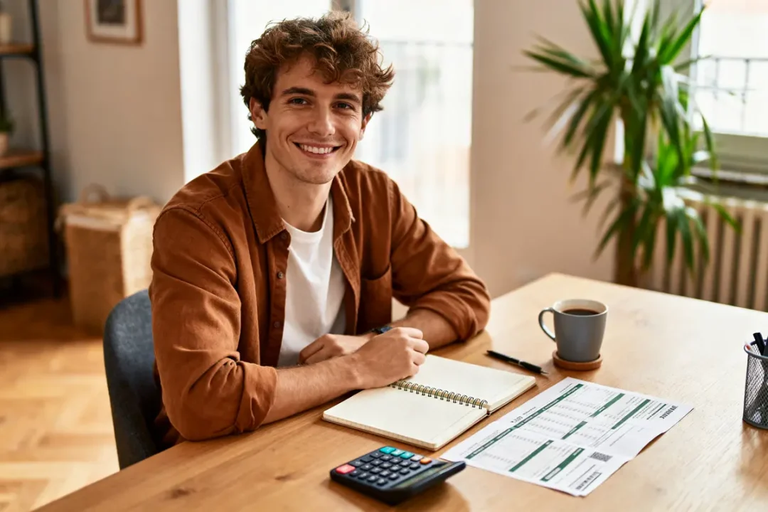 Homme souriant assis à un bureau, carnet ouvert, calculatrice, café, plante en arrière-plan.