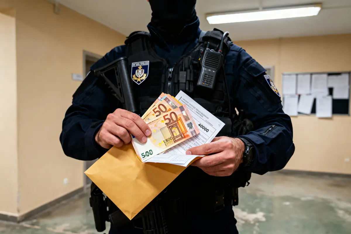 Policier en uniforme tenant enveloppe avec billets euro et document, dans un bureau.