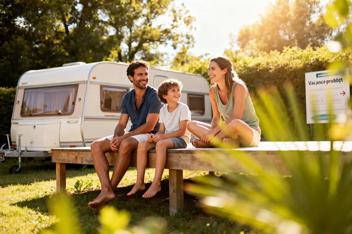 Famille assise sur une terrasse en bois, camping-car en arrière-plan, ambiance estivale ensoleillée.
