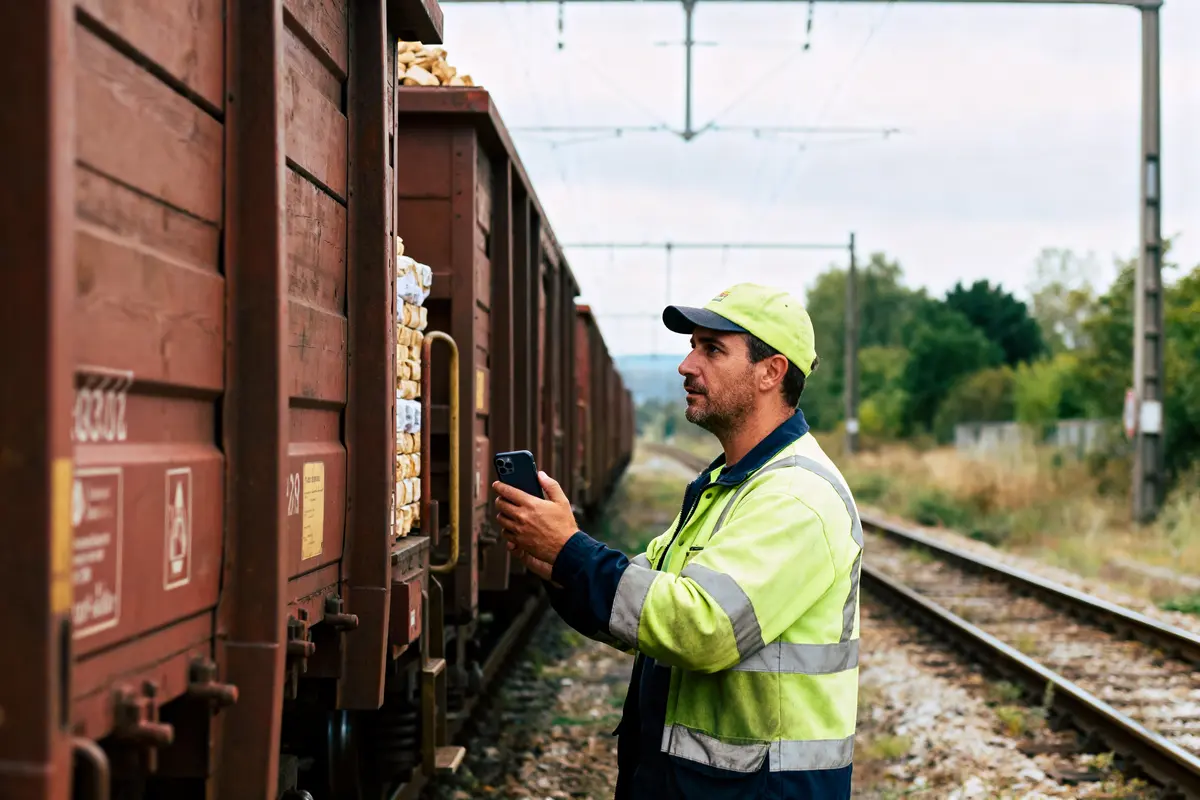 Homme en gilet réfléchissant vérifiant un wagon avec un appareil numérique sur une voie ferrée.
