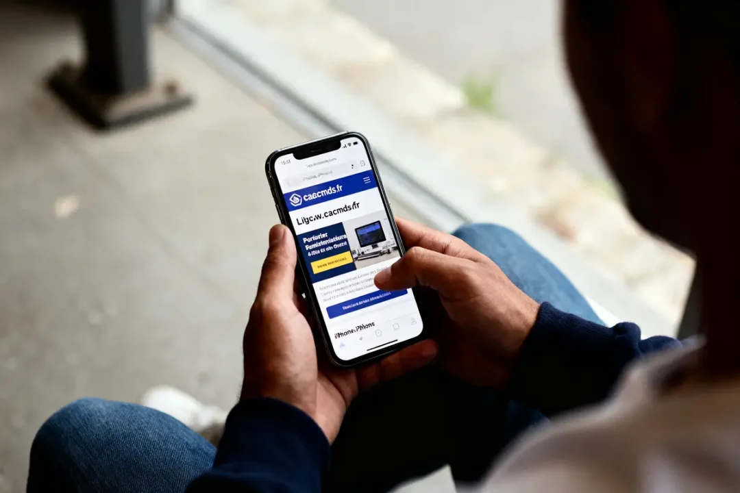 Personne utilisant un smartphone affichant une page web de "cacmds.fr" sur l'écran, assis près d'une fenêtre.