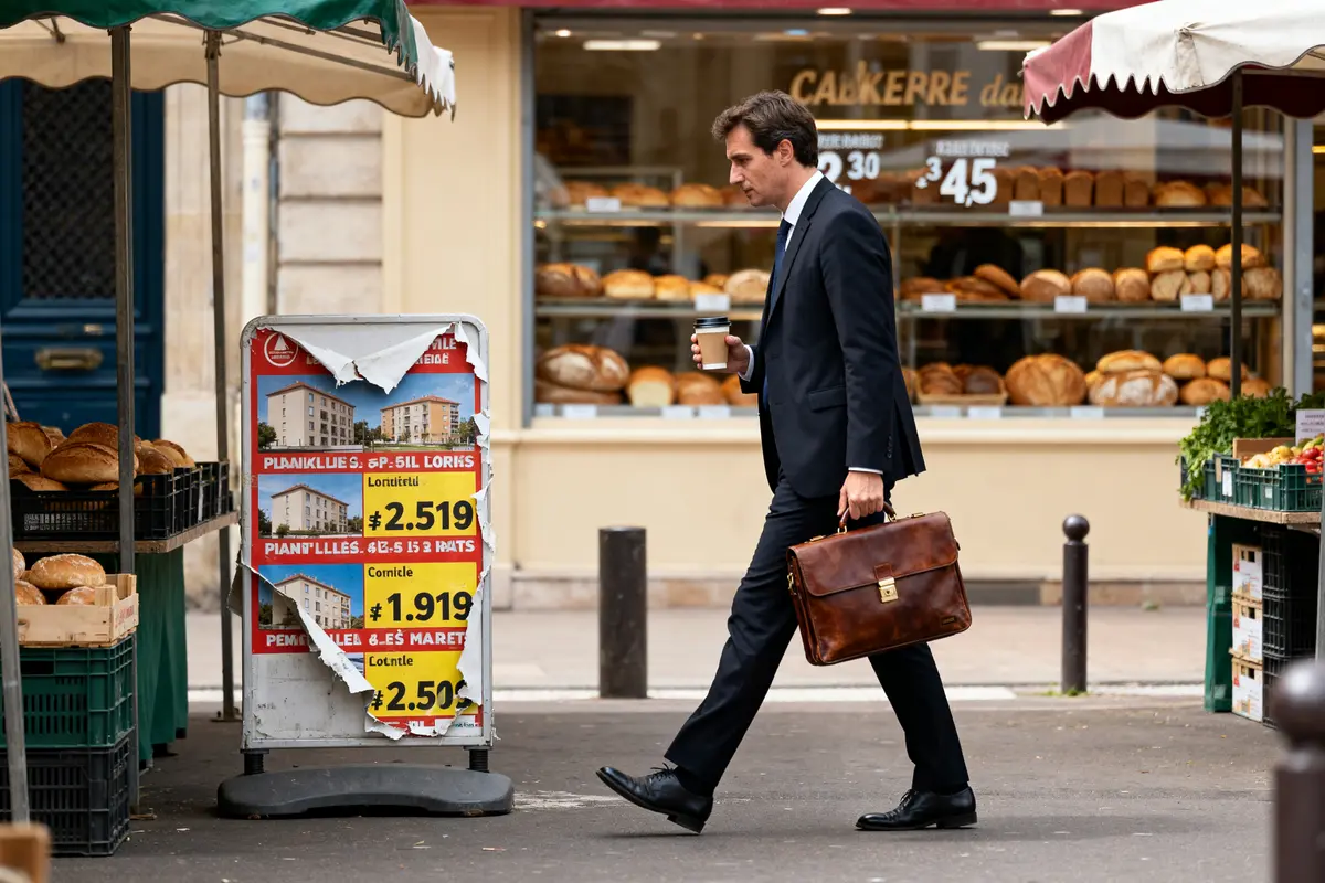 Un homme en costume avec un café devant une boulangerie pense à 40k brut en net