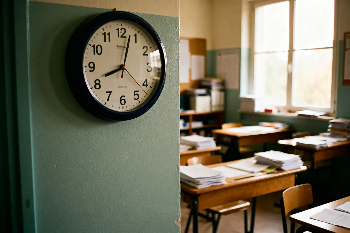 Horloge en classe indiquant 3 heures, convertissant 90 minutes en heures visuellement