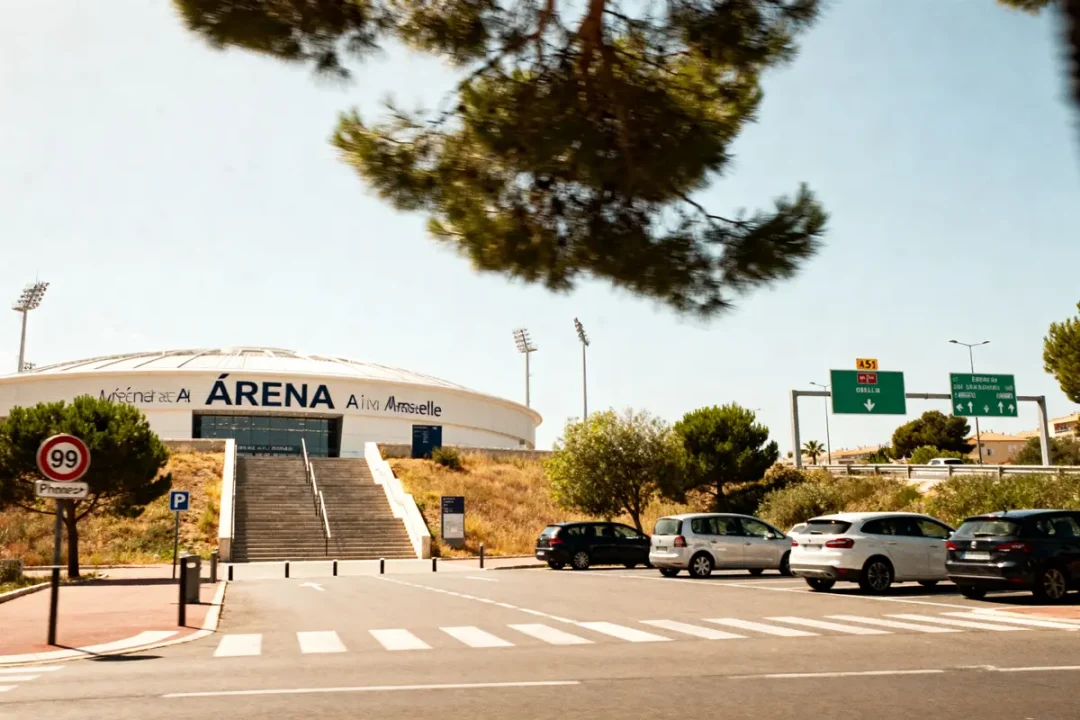 Entrée principale de l'Arena Aix Marseille avec des panneaux routiers et voitures stationnées