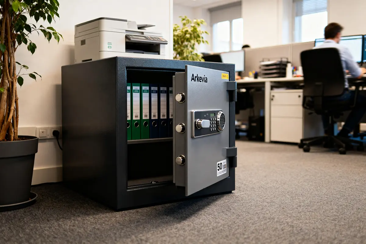 Arkevia coffre-fort ouvert avec dossiers classés dans un bureau moderne avec plante verte