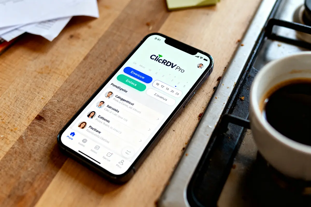 Smartphone affichant l'application ClicRDV Pro sur une table en bois avec café nearby